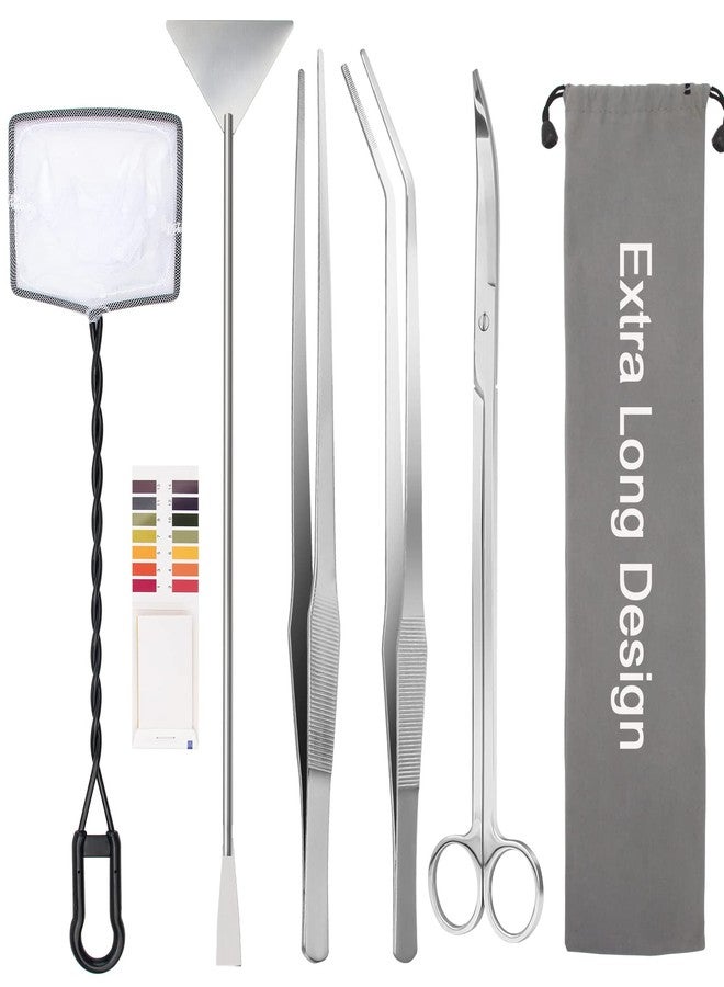 Liveek 7 in 1 Aquarium Aquascape Tool Kit 15 inch, Aquatic Plant Extra Long Aquascaping Tool for Aquarium Fish Tanks Clean Accessories Set with Silver Tweezer Scissor Spatula, Fish Net, PH Paper, Bag - Image 1